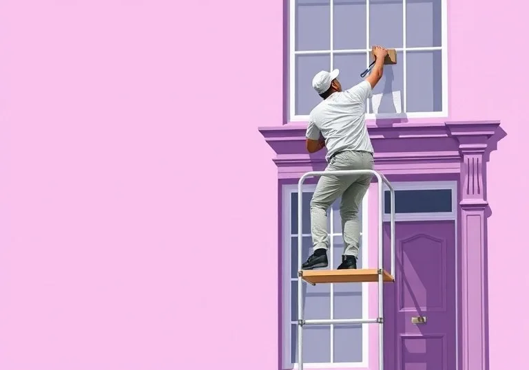 Peintre sur échafaudage traitant la façade d'une maison